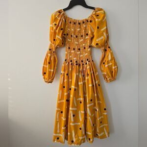 Busayo Shola Smocked Puff Sleeve Midi Dress in Mustard NWOT